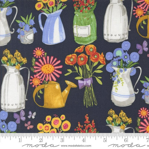 Superbloom Jars Indigo quilting cotton fabrics by Robin Pickens for Moda Fabrics. Features jars on a navy background. Cute Little Fabric Shop