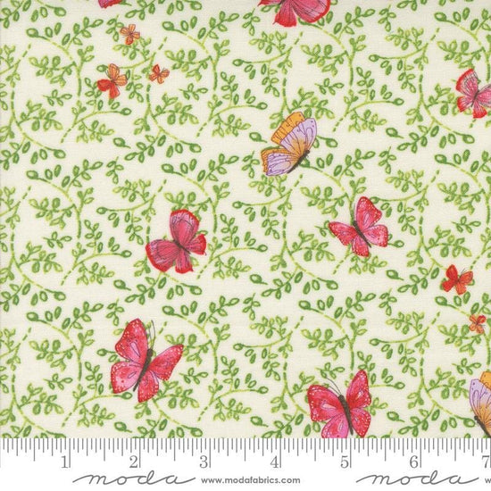 Superbloom Butterfly Cream quilting cotton fabrics by Robin Pickens for Moda Fabrics. Features flowers on an green background. Cute Little Fabric Shop