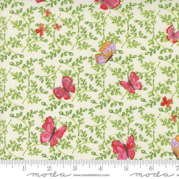 Superbloom Butterfly Cream quilting cotton fabrics by Robin Pickens for Moda Fabrics. Features flowers on an green background. Cute Little Fabric Shop