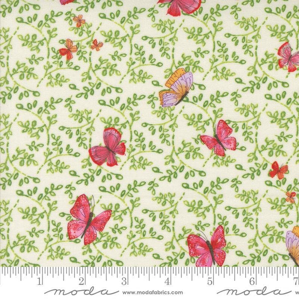 Superbloom Butterfly Cream quilting cotton fabrics by Robin Pickens for Moda Fabrics. Features flowers on an green background. Cute Little Fabric Shop