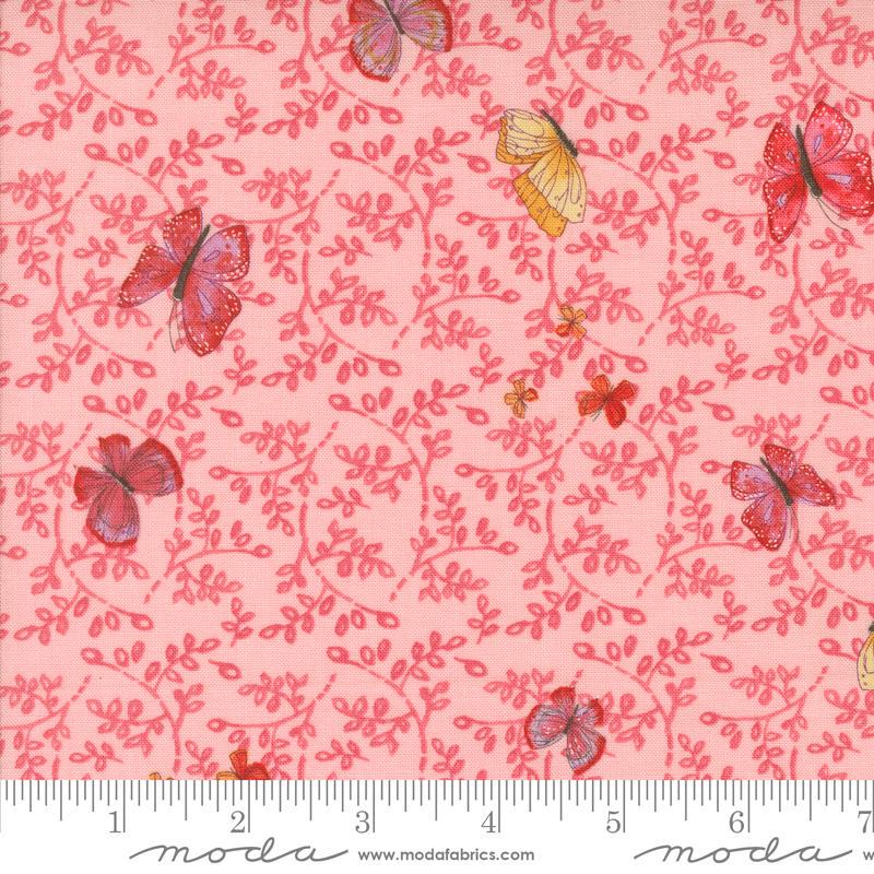 Superbloom Butterfly Carnation quilting cotton fabrics by Robin Pickens for Moda Fabrics. Features flowers on an pink background. Cute Little Fabric Shop