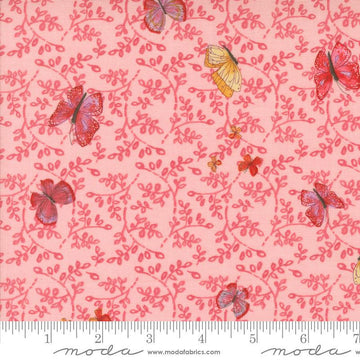 Superbloom Butterfly Carnation quilting cotton fabrics by Robin Pickens for Moda Fabrics. Features flowers on an pink background. Cute Little Fabric Shop
