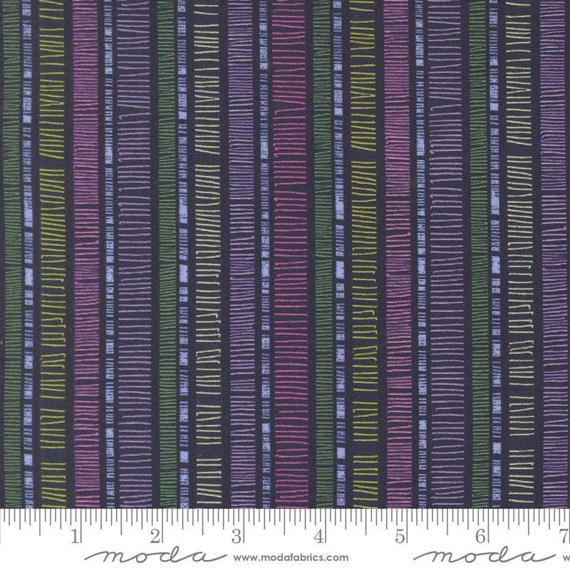 Superbloom Scribble Indigo quilting cotton fabrics by Robin Pickens for Moda Fabrics. Features stripes on a blue background. Cute Little Fabric Shop
