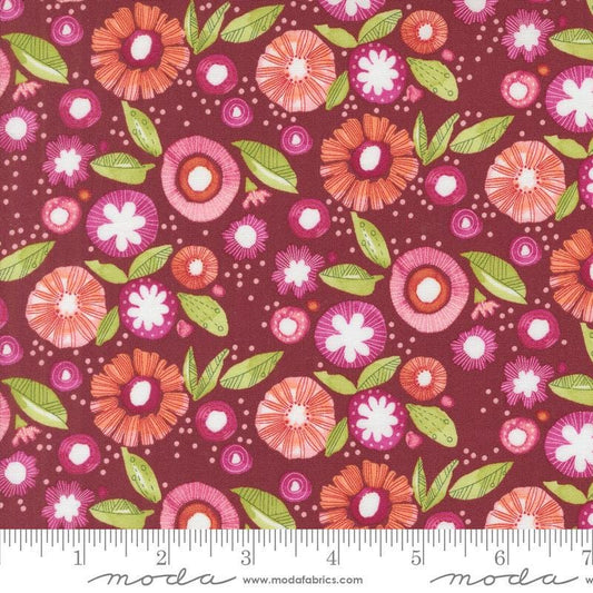 Superbloom Posy Zinnia quilting cotton fabrics by Robin Pickens for Moda Fabrics. Features flowers on a pink background. Cute Little Fabric Shop