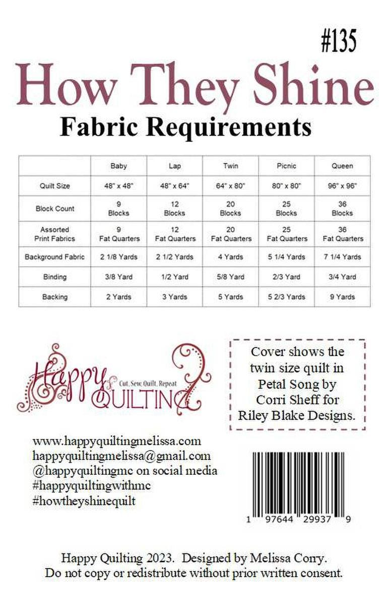 Image of the How They Shine Quilt Pattern by Melissa Corry for Riley Blake Designs. Features the fabric requirements.
Cute Little Fabric Shop