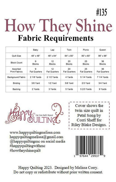 Image of the How They Shine Quilt Pattern by Melissa Corry for Riley Blake Designs. Features the fabric requirements.
Cute Little Fabric Shop