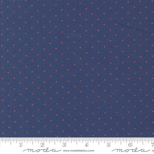 Image of the Star Spangled Twinkle Twilight Rocket quilting cotton fabric by Moda Fabrics. Features stars on a blue background. Cute Little Fabric Shop