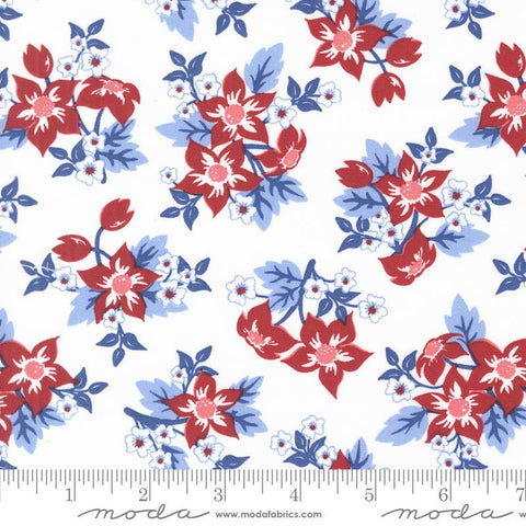 Image of the Star Spangled Flowers Patriotic quilting cotton fabric by Moda Fabrics. Features flowers on a white background. Cute Little Fabric Shop