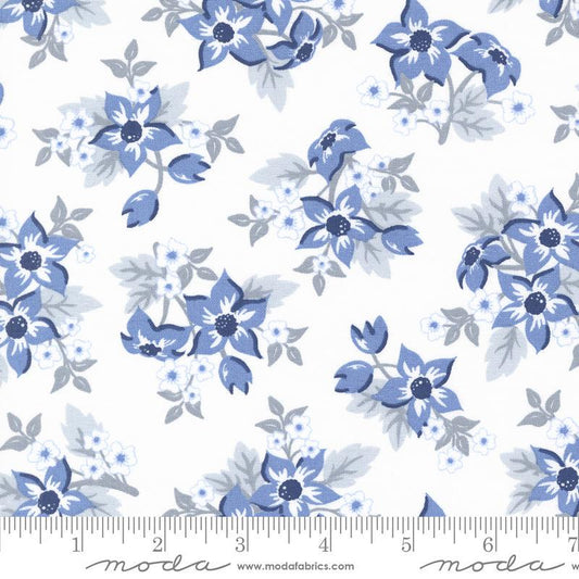 Image of the Star Spangled Flowers Dawn quilting cotton fabric by Moda Fabrics. Features flowers on a white background. Cute Little Fabric Shop