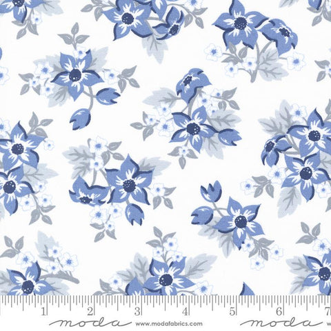 Image of the Star Spangled Flowers Dawn quilting cotton fabric by Moda Fabrics. Features flowers on a white background. Cute Little Fabric Shop