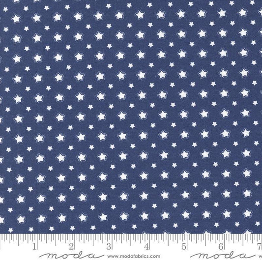 Image of the Star Spangled Folk Twilight quilting cotton fabric by Moda Fabrics. Features flowers on a blue background. Cute Little Fabric Shop