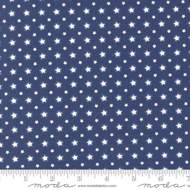 Image of the Star Spangled Folk Twilight quilting cotton fabric by Moda Fabrics. Features flowers on a blue background. Cute Little Fabric Shop