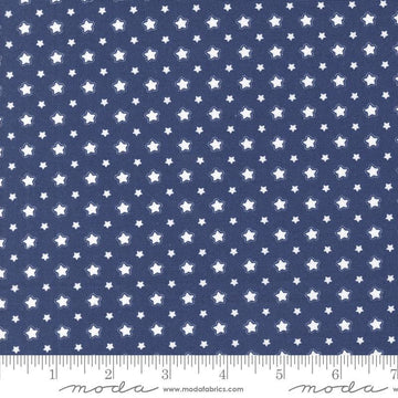 Image of the Star Spangled Folk Twilight quilting cotton fabric by Moda Fabrics. Features flowers on a blue background. Cute Little Fabric Shop