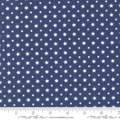 Image of the Star Spangled Folk Twilight quilting cotton fabric by Moda Fabrics. Features flowers on a blue background. Cute Little Fabric Shop