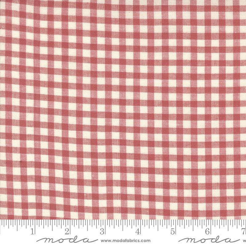 Image of the Woven Ginghams Garance Pearl quilting cotton fabric by French General for Moda Fabrics. Features printed gingham on a pink background. 
Cute Little Fabric Shop