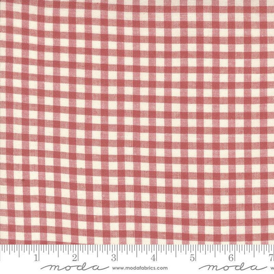 Image of the Woven Ginghams Garance Pearl quilting cotton fabric by French General for Moda Fabrics. Features printed gingham on a pink background. 
Cute Little Fabric Shop