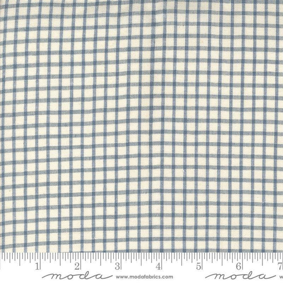 Image of the Woven Ginghams Woad Pearl quilting cotton fabric by French General for Moda Fabrics. Features printed gingham on a blue background. 
Cute Little Fabric Shop