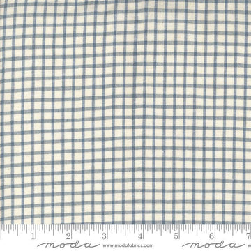 Image of the Woven Ginghams Woad Pearl quilting cotton fabric by French General for Moda Fabrics. Features printed gingham on a blue background. 
Cute Little Fabric Shop