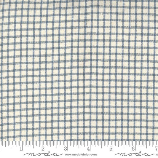 Image of the Woven Ginghams Woad Pearl quilting cotton fabric by French General for Moda Fabrics. Features printed gingham on a blue background. 
Cute Little Fabric Shop