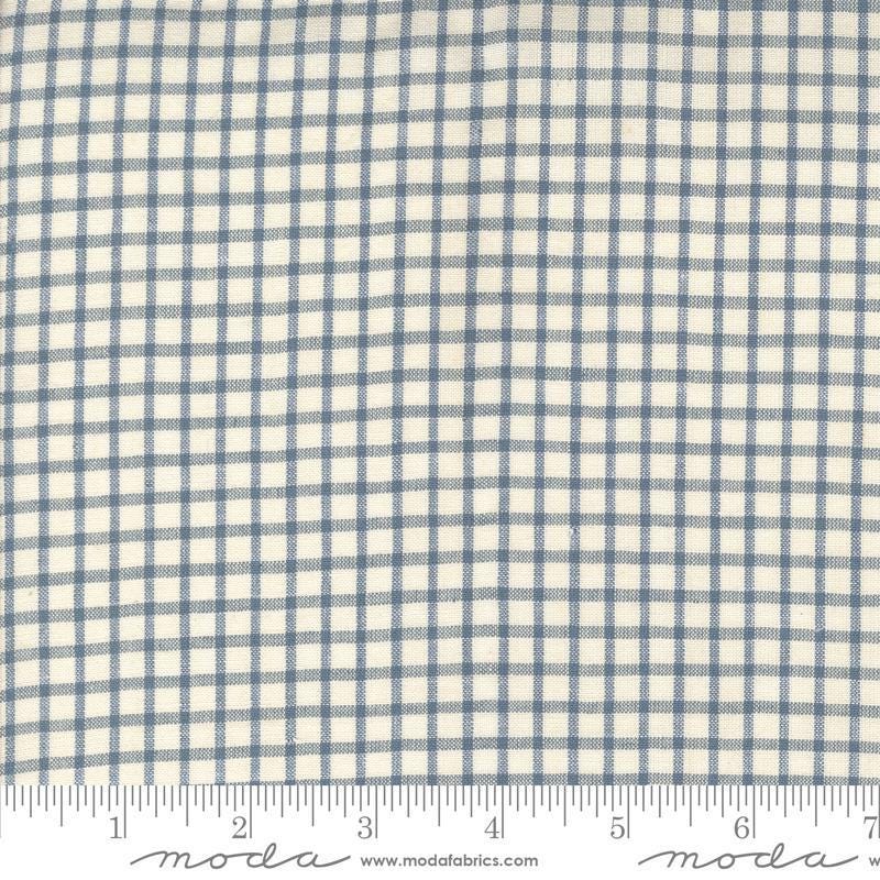 Image of the Woven Ginghams Woad Pearl quilting cotton fabric by French General for Moda Fabrics. Features printed gingham on a blue background. 
Cute Little Fabric Shop