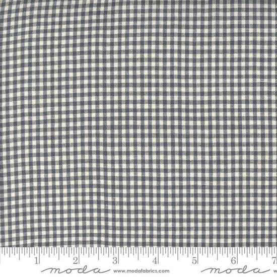 Image of the Woven Ginghams Indigo Pearl quilting cotton fabric by French General for Moda Fabrics. Features printed gingham on a blue gray background. 
Cute Little Fabric Shop