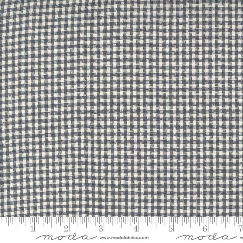 Image of the Woven Ginghams Indigo Pearl quilting cotton fabric by French General for Moda Fabrics. Features printed gingham on a blue gray background. 
Cute Little Fabric Shop