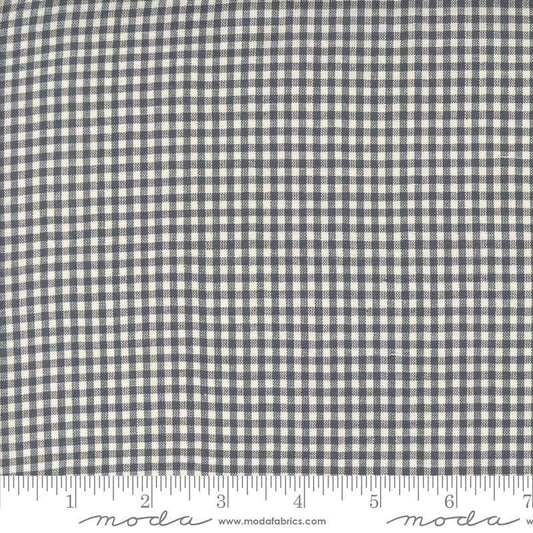 Image of the Woven Ginghams Indigo Pearl quilting cotton fabric by French General for Moda Fabrics. Features printed gingham on a blue gray background. 
Cute Little Fabric Shop