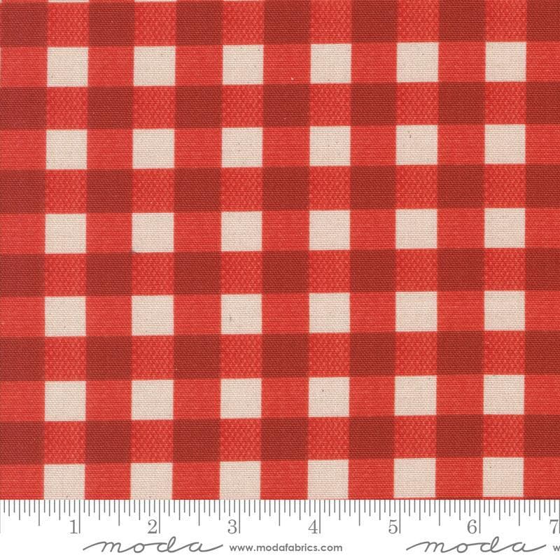 Image of the Farm And Garden Canvas PRINTED Gingham Tomato by Cathe Holden for Moda Fabrics. Features red gingham on canvas. 
Cute Little Fabric Shop