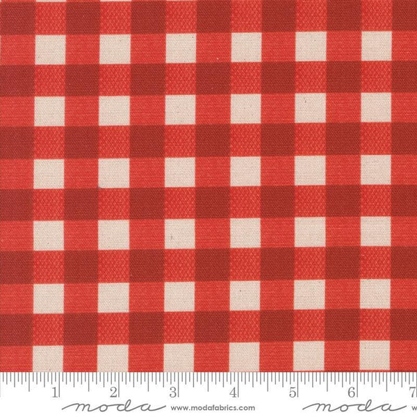 Image of the Farm And Garden Canvas PRINTED Gingham Tomato by Cathe Holden for Moda Fabrics. Features red gingham on canvas. 
Cute Little Fabric Shop