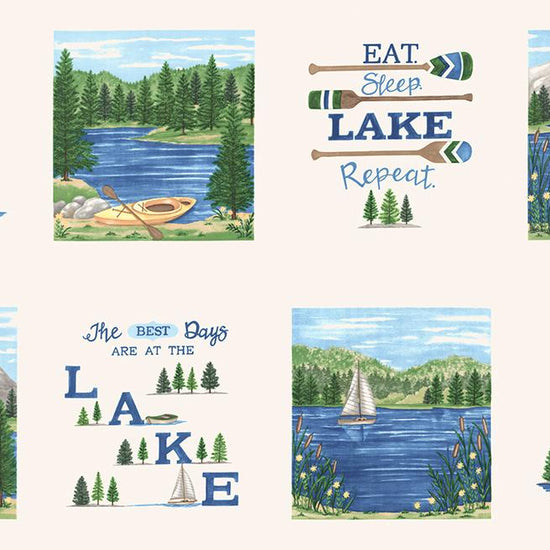 Image of the On Lake Time Cloud White Panel quilting cotton fabric by Deb Strain for Moda Fabrics. Features a lake and words. 
Cute Little Fabric Shop