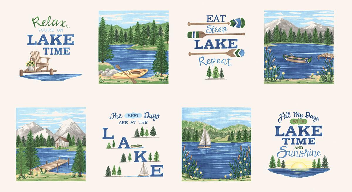 Image of the On Lake Time Cloud White Panel quilting cotton fabric by Deb Strain for Moda Fabrics. Features a lake and words. 
Cute Little Fabric Shop
