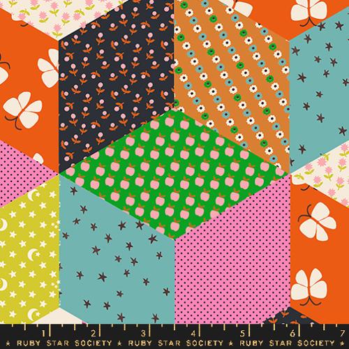 Image of the Ooh Lucky Lucky Blocks Vivid quilting cotton fabric by Ruby Star Society for Moda Fabrics. Features patchwork on a multicolored background. Cute Little Fabric Shop