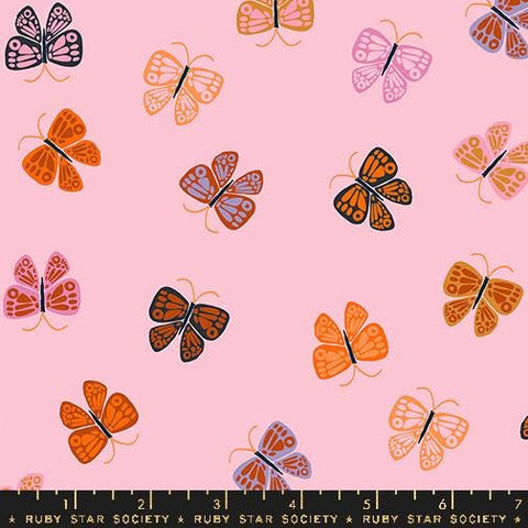Image of the Ooh Lucky Lucky Luck Butterfly Posy quilting cotton fabric by Ruby Star Society for Moda Fabrics. Features butterflies on a pink background. Cute Little Fabric Shop