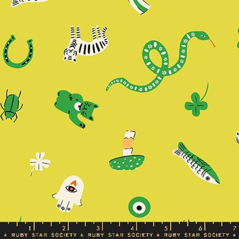Image of the Ooh Lucky Lucky Good Luck Citron quilting cotton fabric by Ruby Star Society for Moda Fabrics. Features animals on a teal background. Cute Little Fabric Shop