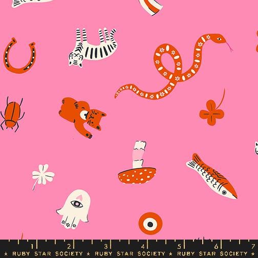 Image of the Ooh Lucky Lucky Good Luck Lucky Pink quilting cotton fabric by Ruby Star Society for Moda Fabrics. Features animals on a pink background. Cute Little Fabric Shop