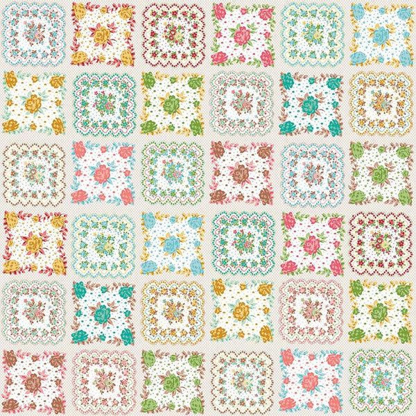 Image of the Granny Chic Handkerchief Multi wide back quilting cotton fabric by Lori Holt for Riley Blake Designs. Features a patchwork pattern on fabric. 
Cute Little Fabric Shop