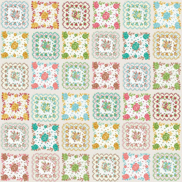 Image of the Granny Chic Handkerchief Multi wide back quilting cotton fabric by Lori Holt for Riley Blake Designs. Features a patchwork pattern on fabric. 
Cute Little Fabric Shop
