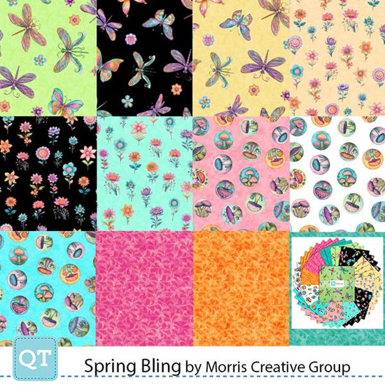 Image of the Spring Bling collage by Morris Creative Group for QT Fabrics. Features spring fabrics on various backgrounds. 
Cute Little Fabric Shop