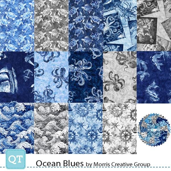 Image of the Ocean Blues Collage by Morris Creative Group for QT Fabrics. Features water themed fabrics. 
Cute Little Fabric Shop