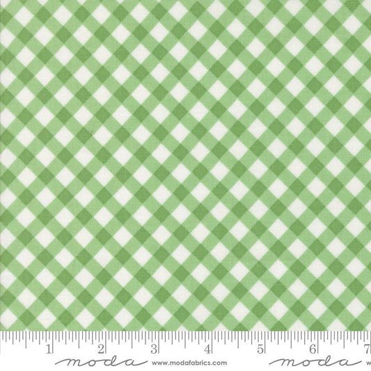 Image of the Summertime Picnic Green quilting cotton fabric by Moda Fabrics. Features flowers on a green background. Cute Little Fabric Shop