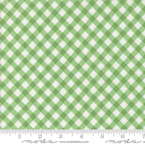 Image of the Summertime Picnic Green quilting cotton fabric by Moda Fabrics. Features flowers on a green background. Cute Little Fabric Shop