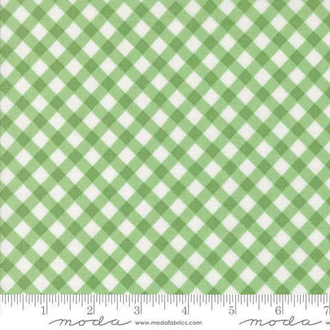 Image of the Summertime Picnic Green quilting cotton fabric by Moda Fabrics. Features flowers on a green background. Cute Little Fabric Shop