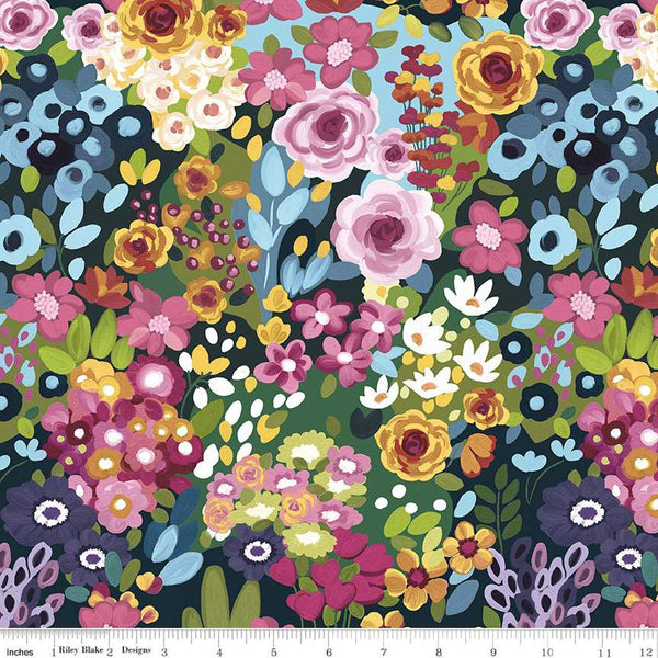 Image of the Morning Meadow Main Night quilting cotton fabric. Features flowers on a blue background. Cute Little Fabric Shop