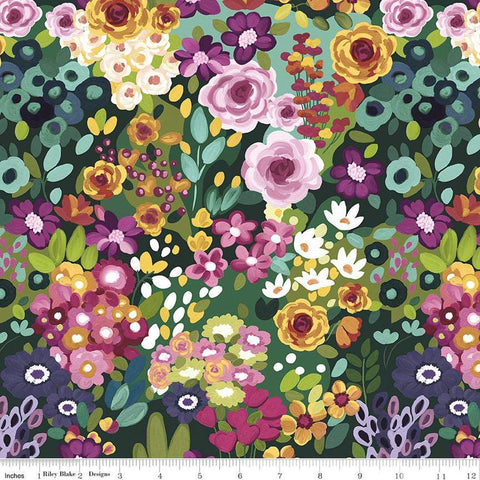 Image of the Morning Meadow Main Green quilting cotton fabric. Features flowers on a green background. Cute Little Fabric Shop
