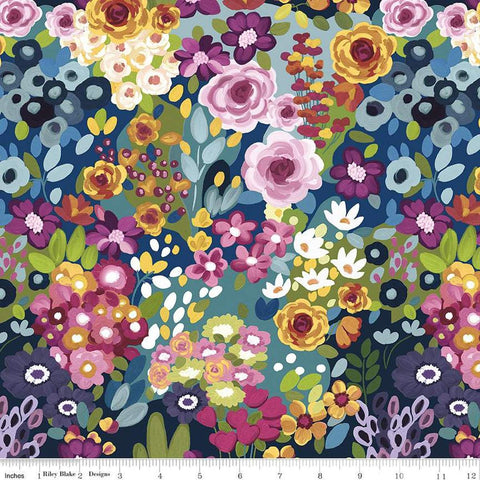 Image of the Morning Meadow Meadow Main Dusk quilting cotton fabric. Features flowers on a green background. Cute Little Fabric Shop