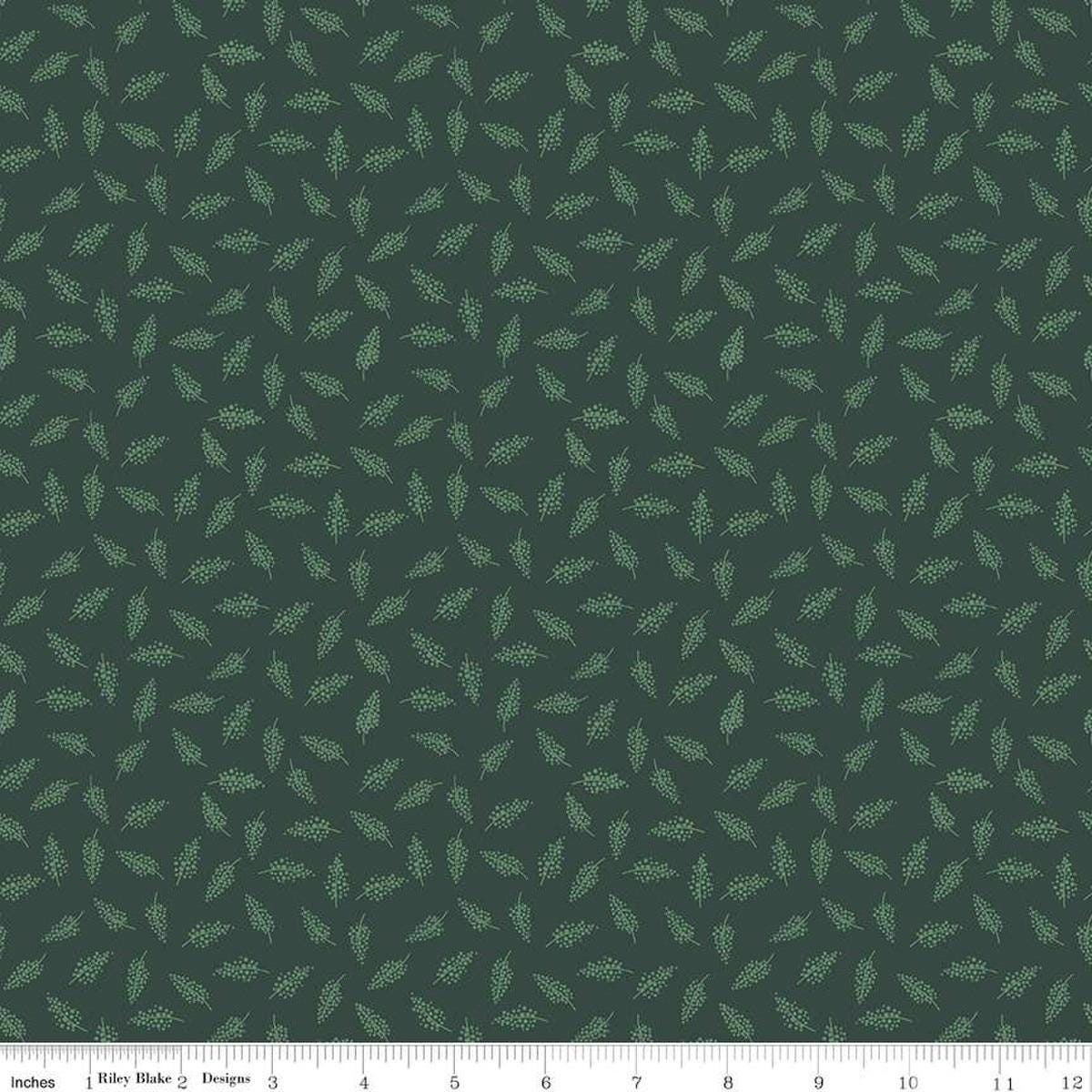 Image of the Morning Meadow Millet Green quilting cotton fabric. Features sprigs on a green background. Cute Little Fabric Shop