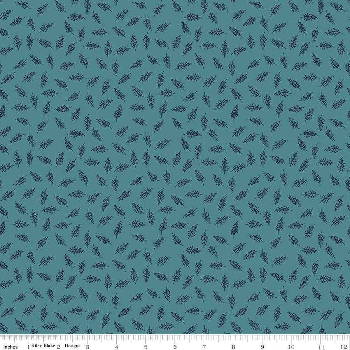 Image of the Morning Meadow Millet Dusk quilting cotton fabric. Features sprigs on a blue background. Cute Little Fabric Shop
