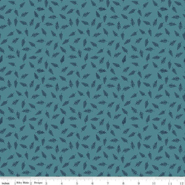 Image of the Morning Meadow Millet Dusk quilting cotton fabric. Features sprigs on a blue background. Cute Little Fabric Shop