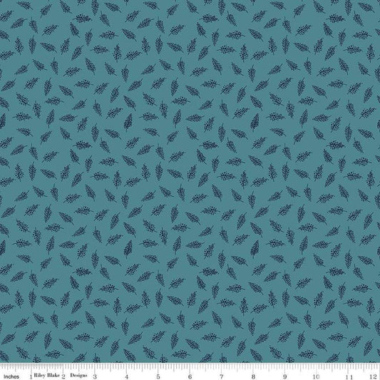 Image of the Morning Meadow Millet Dusk quilting cotton fabric. Features sprigs on a blue background. Cute Little Fabric Shop