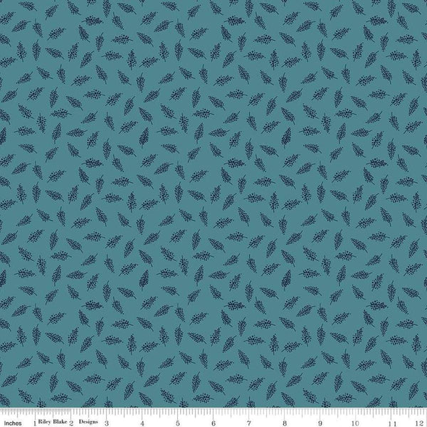 Image of the Morning Meadow Millet Dusk quilting cotton fabric. Features sprigs on a blue background. Cute Little Fabric Shop